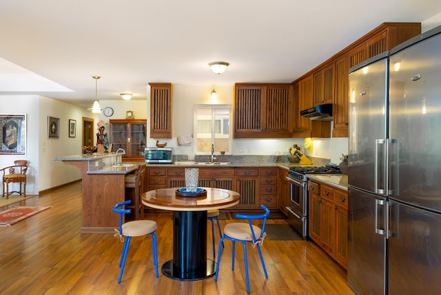 kitchen with wood-type flooring, pendant lighting, stainless steel appliances, and sink