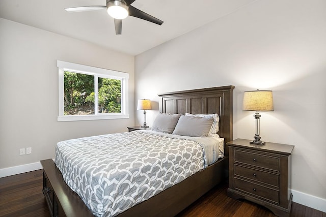 bedroom featuring dark hardwood / wood-style flooring and ceiling fan