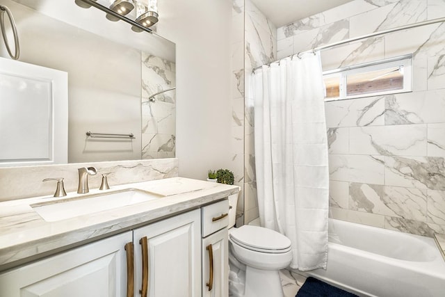 full bathroom with shower / bath combo, toilet, and vanity