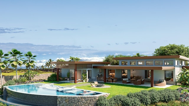 back of house with a pergola, a patio area, an outdoor living space with a fire pit, and a lawn