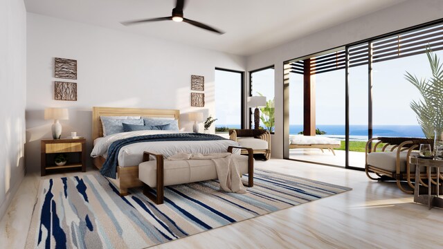 bedroom with access to exterior, ceiling fan, a water view, and multiple windows