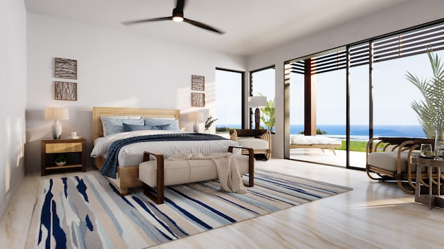 bedroom with a water view, access to outside, and ceiling fan