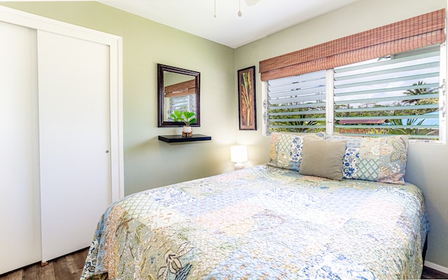 bedroom featuring dark hardwood / wood-style floors and a closet