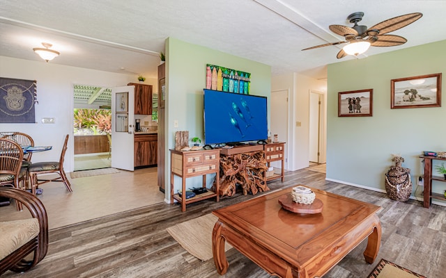 living room with ceiling fan, hardwood / wood-style flooring, and a textured ceiling