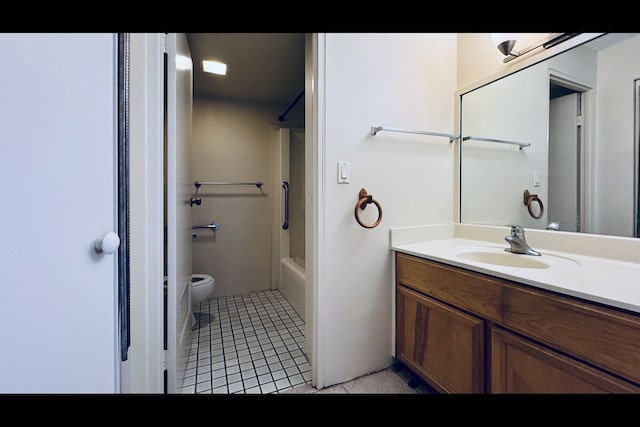 full bathroom with tile patterned flooring, vanity,  shower combination, and toilet