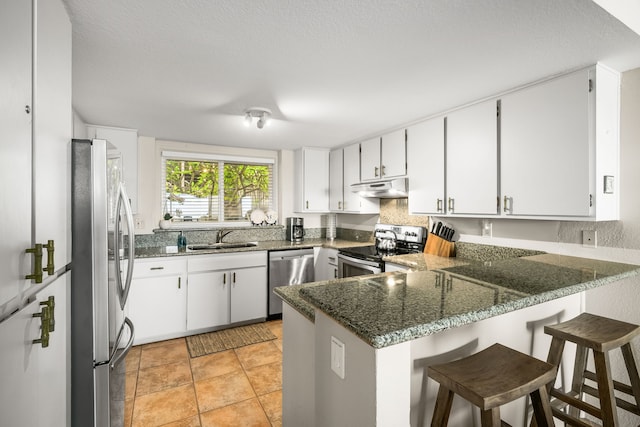 kitchen featuring dark stone counters, sink, kitchen peninsula, white cabinetry, and stainless steel appliances