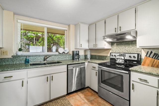 kitchen featuring backsplash, white cabinets, sink, light tile patterned floors, and stainless steel appliances