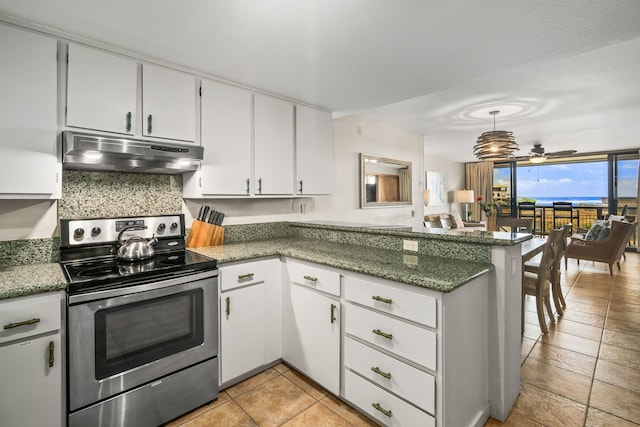 kitchen with decorative backsplash, kitchen peninsula, decorative light fixtures, white cabinets, and stainless steel electric range