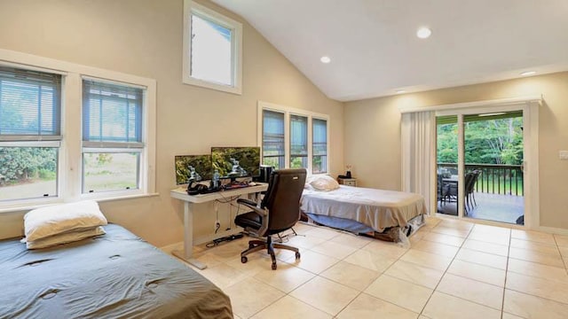 bedroom with high vaulted ceiling, light tile patterned floors, and access to outside