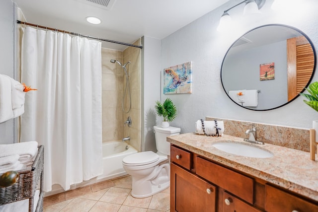 full bathroom with tile patterned floors, vanity, shower / bath combination with curtain, and toilet