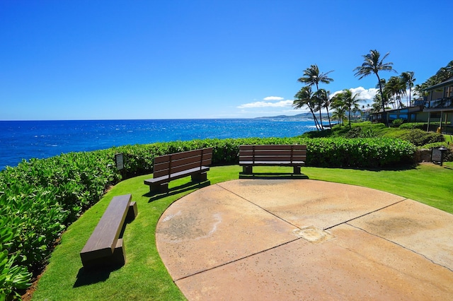 view of property's community featuring a water view and a lawn