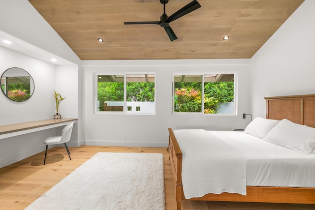 bedroom featuring ceiling fan, wooden ceiling, and vaulted ceiling