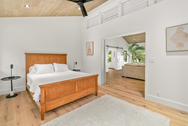 bedroom featuring light wood-type flooring, ceiling fan, and wooden ceiling