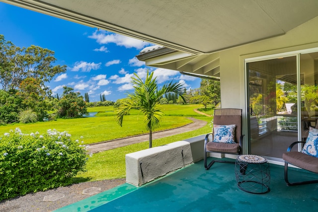 view of patio featuring a water view