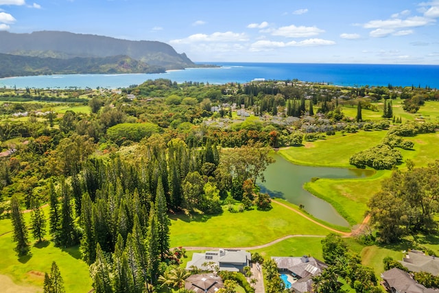 drone / aerial view featuring a water and mountain view