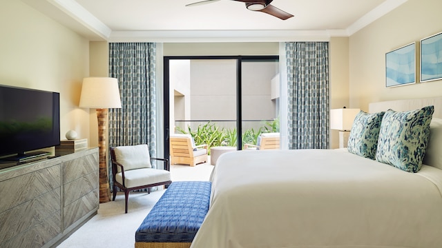 bedroom with ornamental molding, carpet flooring, and ceiling fan