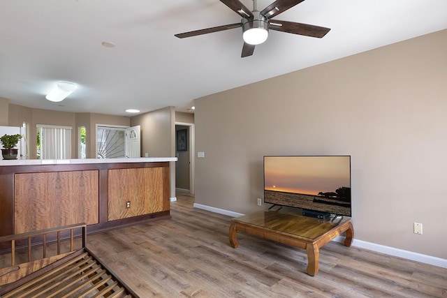 living area featuring ceiling fan and wood-type flooring