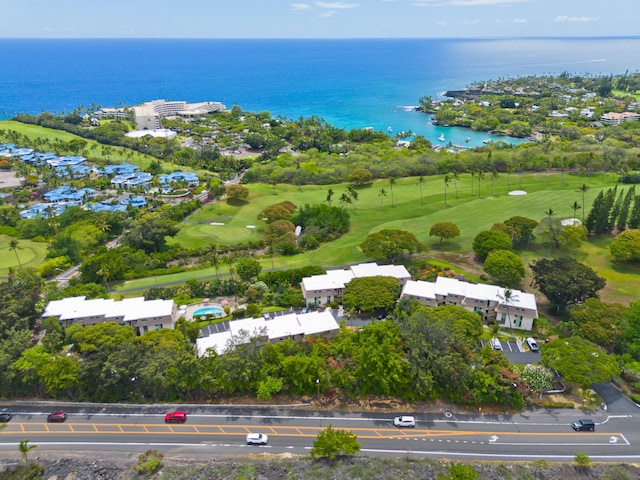 aerial view with view of golf course and a water view