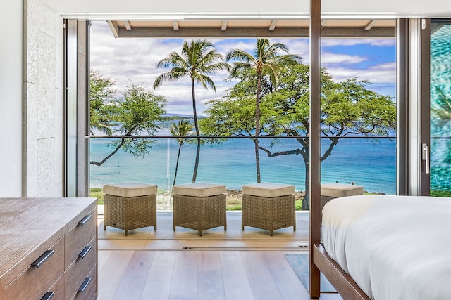 bedroom featuring multiple windows, light wood-type flooring, and a water view