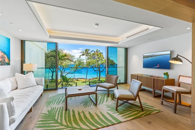 living room featuring floor to ceiling windows, light hardwood / wood-style flooring, and a tray ceiling