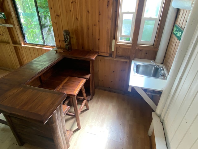 miscellaneous room with hardwood / wood-style floors and wood walls