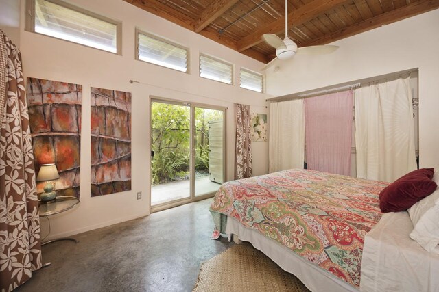 bedroom featuring beam ceiling, concrete flooring, access to exterior, wood ceiling, and ceiling fan