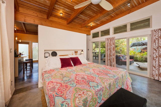 bedroom featuring wood ceiling, ceiling fan, beamed ceiling, and access to outside