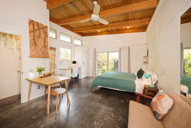 bedroom featuring wooden ceiling, concrete floors, ceiling fan, and beam ceiling