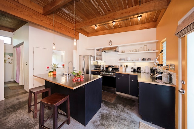 kitchen with beamed ceiling, stainless steel appliances, wooden ceiling, and wall chimney exhaust hood