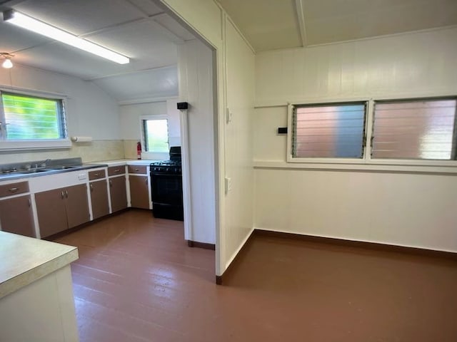 kitchen featuring sink, dark wood-type flooring, dishwashing machine, vaulted ceiling, and gas stove