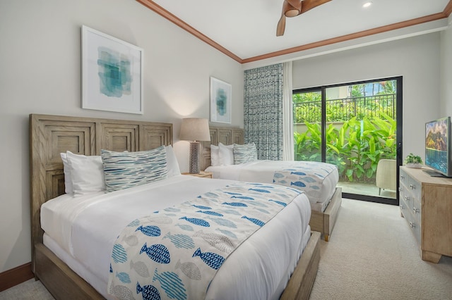 bedroom with access to outside, ceiling fan, light colored carpet, and ornamental molding