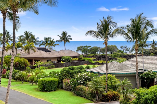 view of property's community with a water view and a lawn