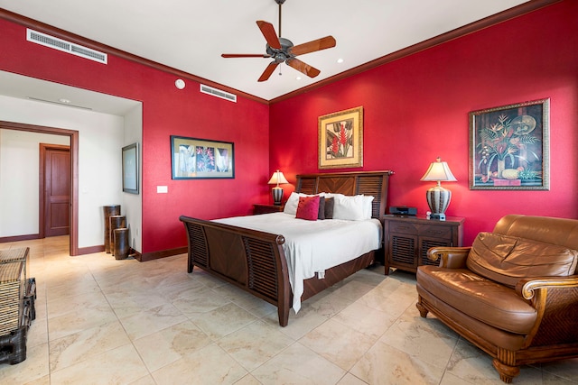 bedroom with ceiling fan and ornamental molding