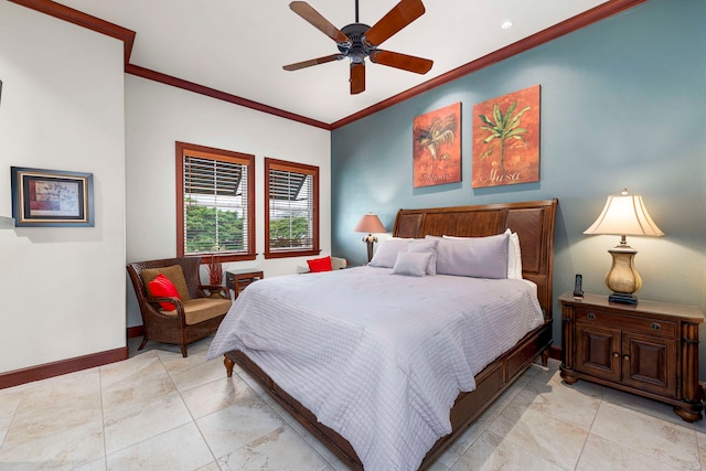 bedroom featuring ceiling fan and crown molding