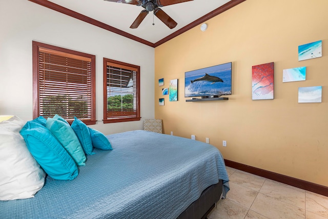 bedroom featuring ceiling fan, light tile patterned floors, and crown molding