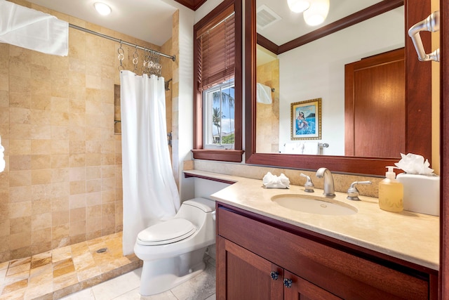 bathroom with walk in shower, crown molding, vanity, and toilet