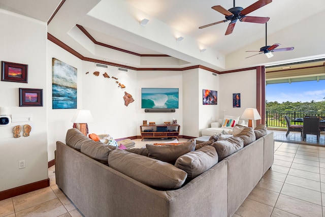 living room featuring light tile patterned floors and ceiling fan