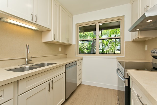 kitchen featuring light hardwood / wood-style flooring, dishwasher, sink, electric range oven, and white cabinets