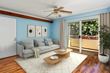 living room with hardwood / wood-style floors and ceiling fan