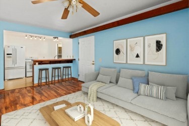 living room featuring ceiling fan and hardwood / wood-style floors