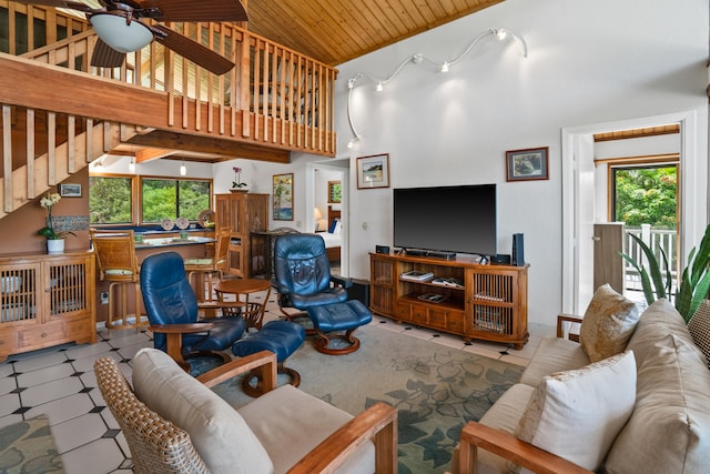 living room featuring high vaulted ceiling, ceiling fan, and wooden ceiling