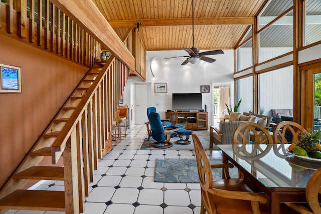 unfurnished dining area with beamed ceiling, high vaulted ceiling, ceiling fan, and wooden ceiling