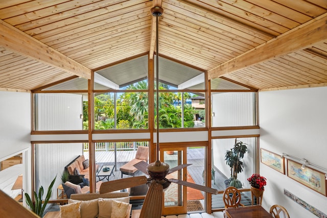 interior space with vaulted ceiling with beams, plenty of natural light, and wood ceiling