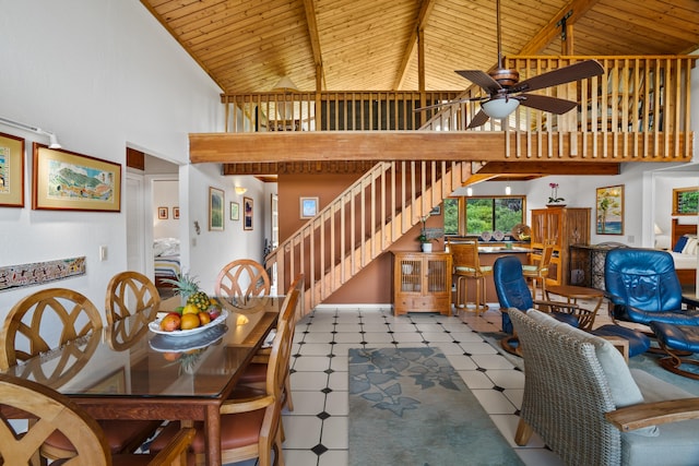 dining room with ceiling fan, wood ceiling, and high vaulted ceiling