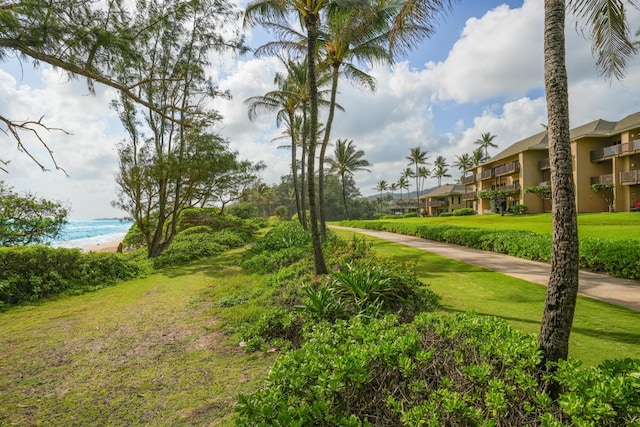 surrounding community featuring a water view and a lawn