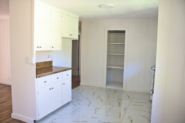 kitchen with white cabinetry, built in features, and wood walls