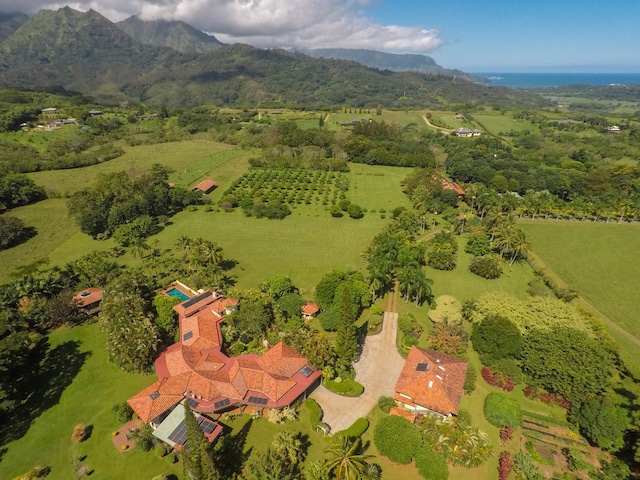 drone / aerial view with a mountain view and a rural view