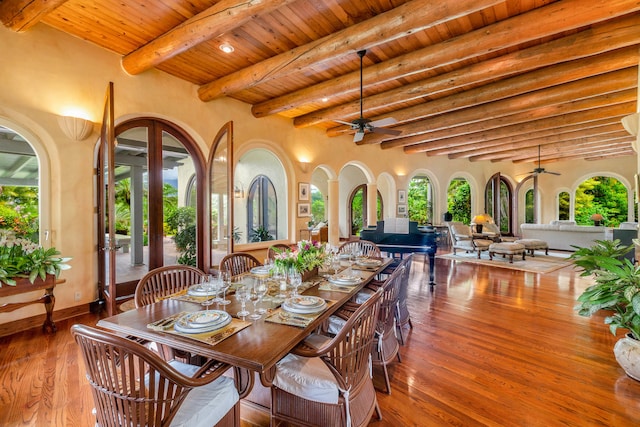 dining room with wood ceiling, beamed ceiling, ceiling fan, and wood-type flooring