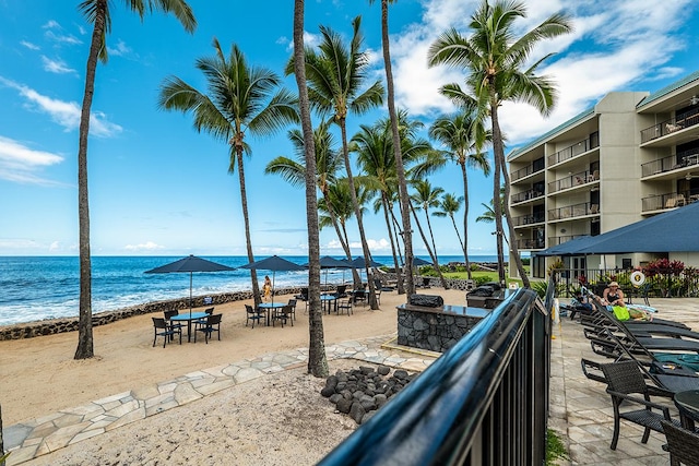 exterior space featuring a beach view