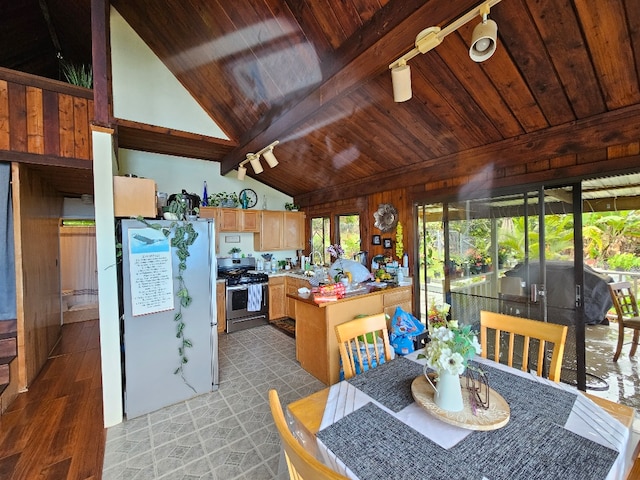 interior space featuring lofted ceiling with beams, rail lighting, wooden ceiling, and wood walls